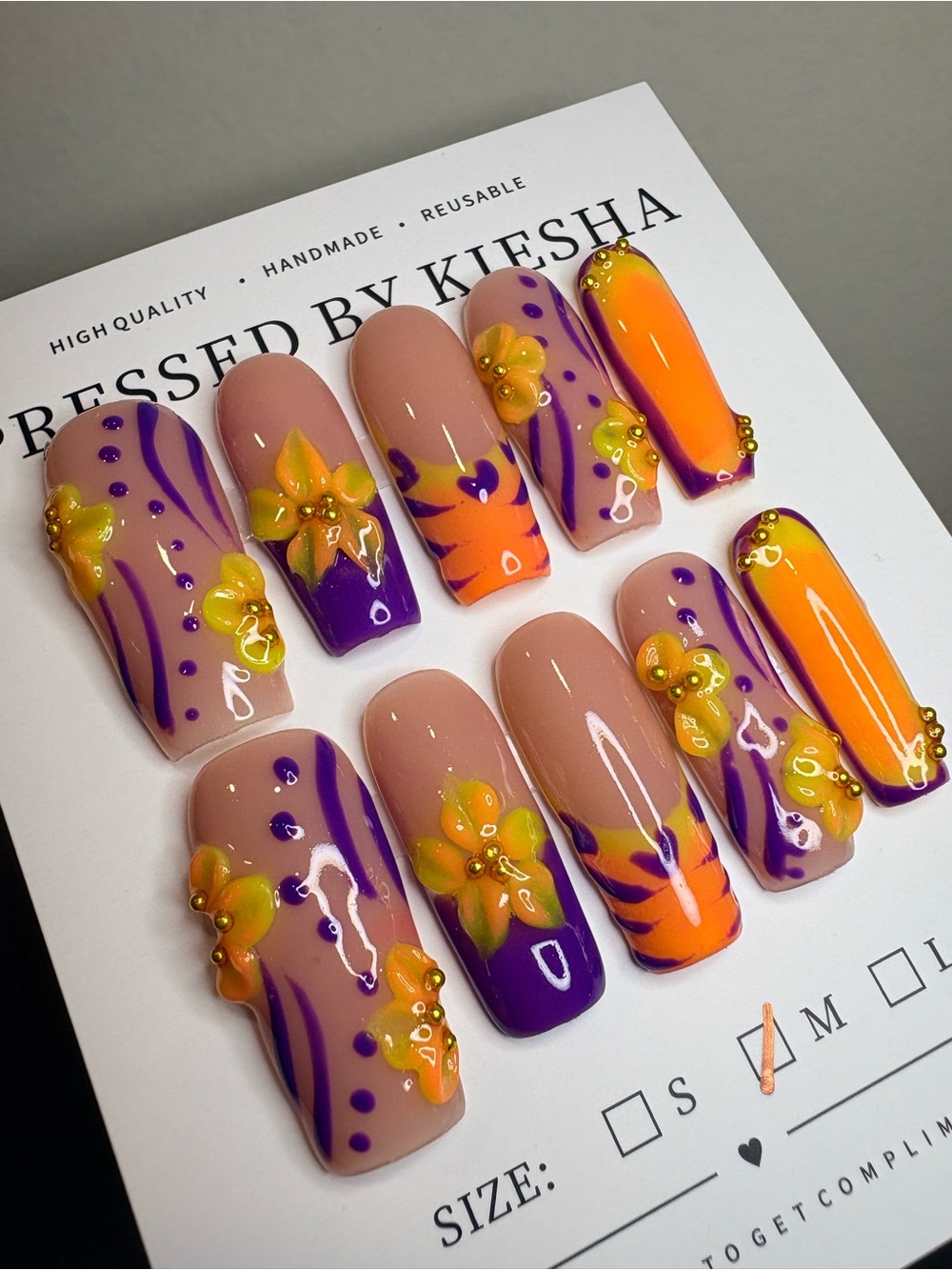 Purple & Orange Floral Press-On Nails - Picture 3 of 3